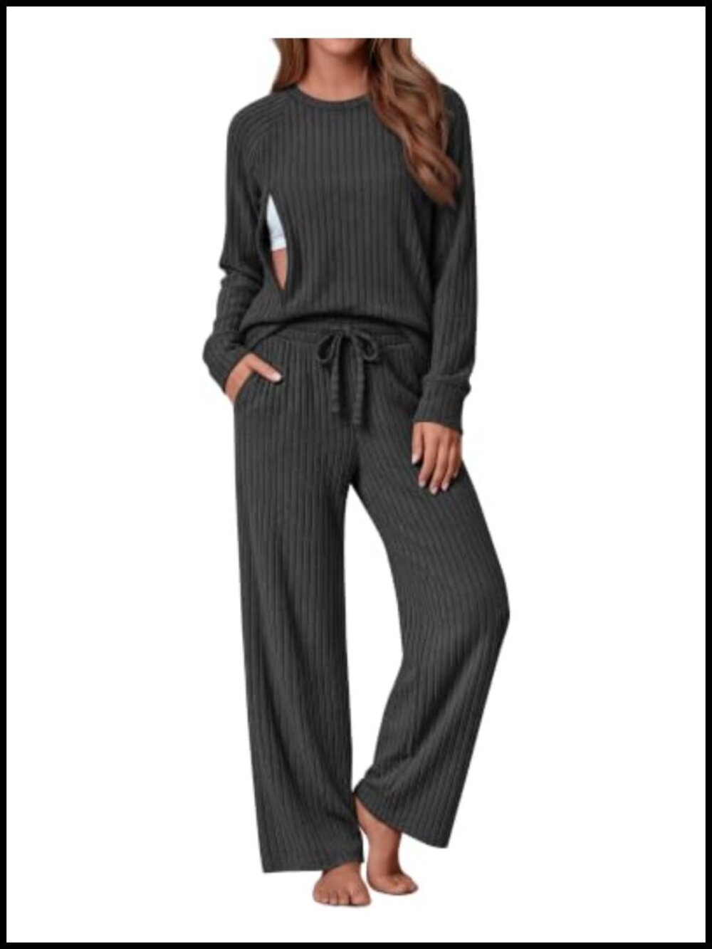 Maternity Nursing Lounge Set Ribbed 2 Piece Long Sleeve Top Drawstring Pants